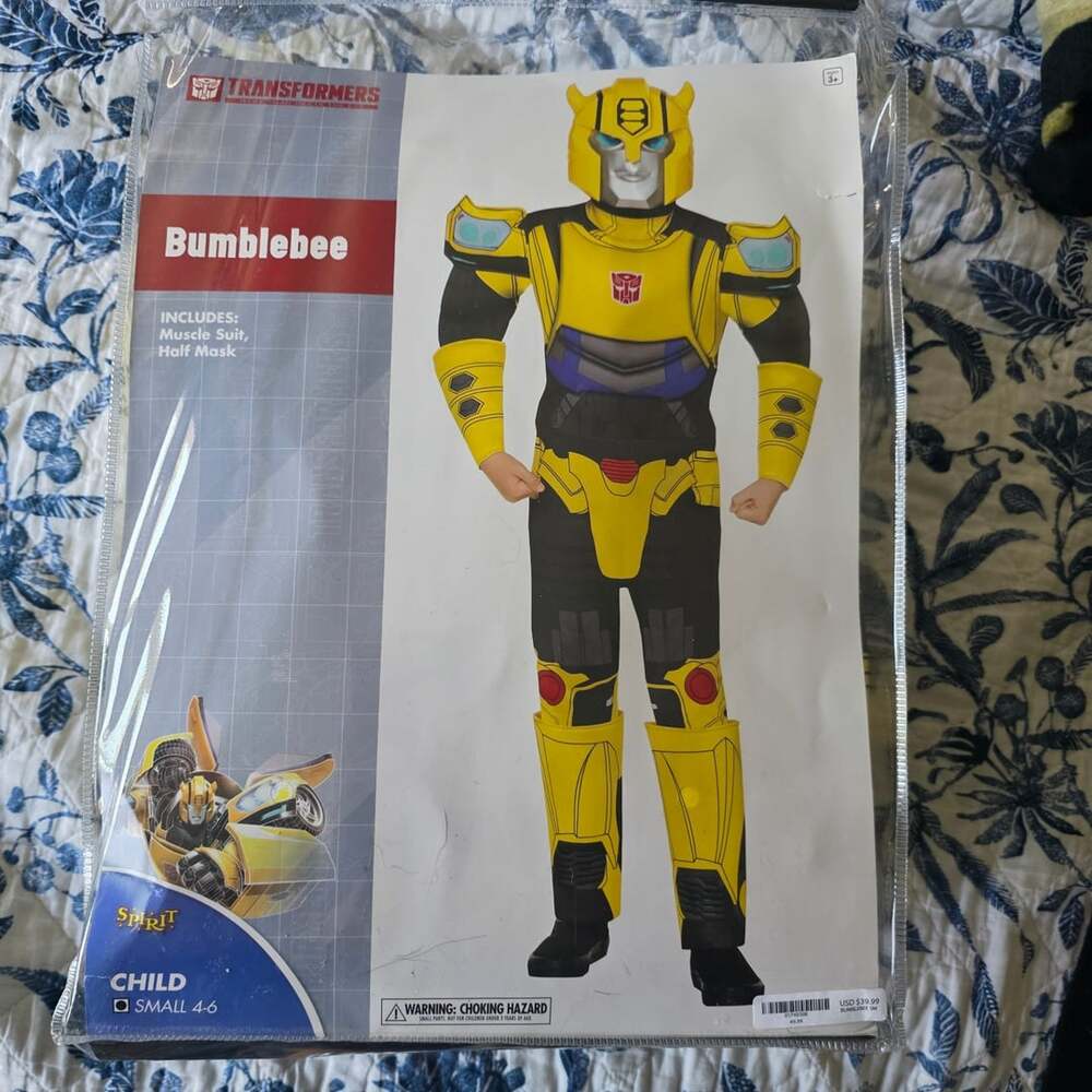 Spirit Halloween Kids Transformers Bumblebee Muscle Suit Costume mask Small 4-6